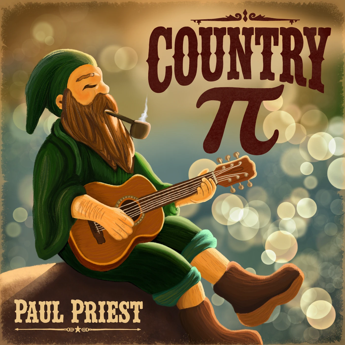 Country Pi album artwork: a woodland musician in green playing guitar, by Paul Priest